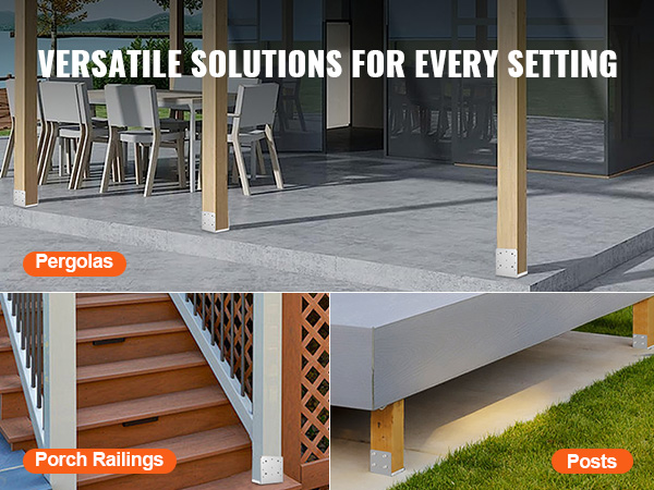 versatile solutions for every setting with VEVOR post base on pergolas, porch railings, and posts.