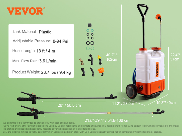 VEVOR backpack sprayer with plastic tank, adjustable pressure, 13ft hose, and multiple attachments.