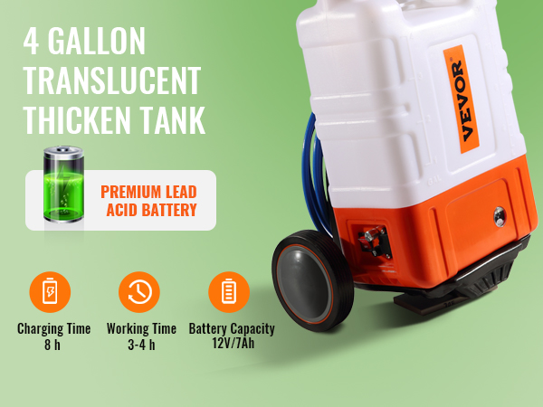VEVOR backpack sprayer with 4-gallon translucent tank and premium lead acid battery. working time 3-4h.