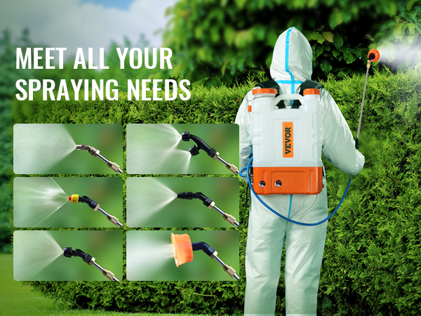 person using VEVOR backpack sprayer on lush green hedges, showcasing various spray nozzles.
