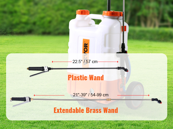 VEVOR backpack sprayer with plastic and extendable brass wands on a green lawn.
