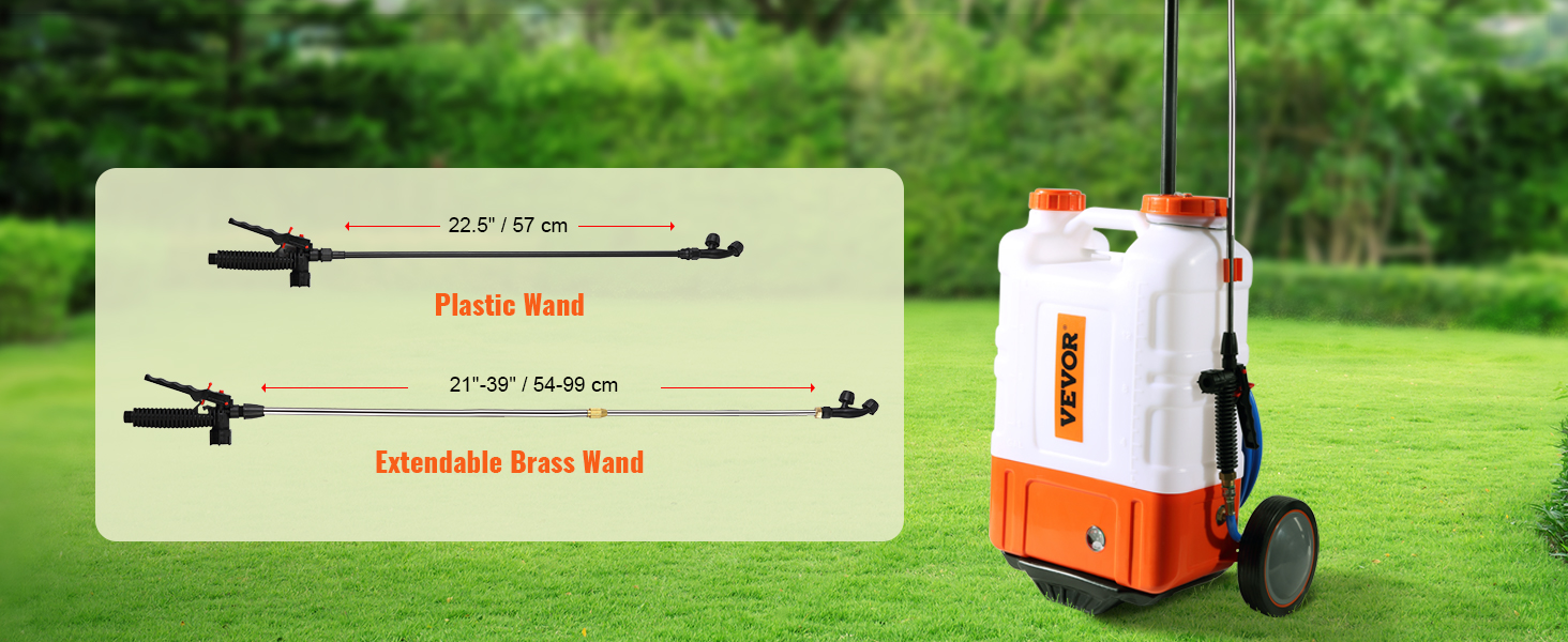 VEVOR backpack sprayer with plastic and extendable brass wands on a green lawn.