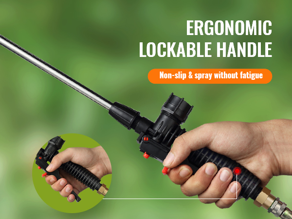 ergonomic lockable handle of VEVOR backpack sprayer, non-slip and spray without fatigue.