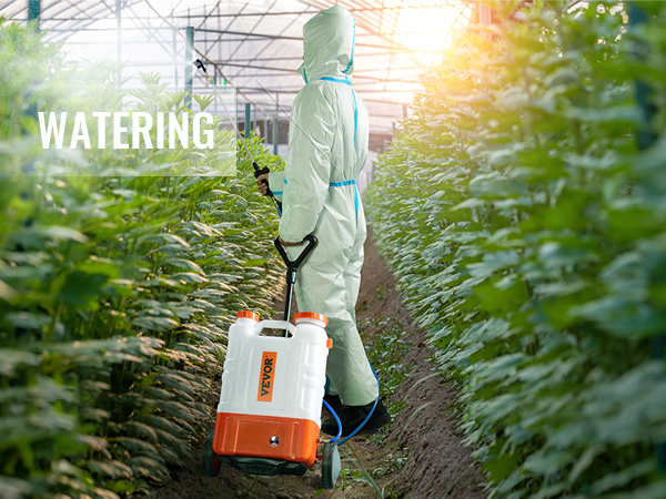 gardener in protective suit waters plants in greenhouse using VEVOR backpack sprayer at sunrise.