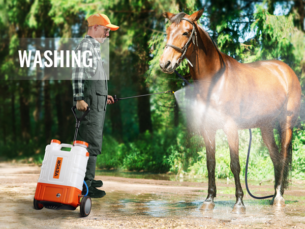 person using VEVOR backpack sprayer to wash a horse in an outdoor forest environment.