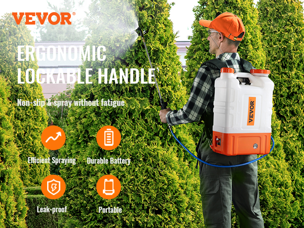 VEVOR backpack sprayer in use, showcasing efficient spraying and portability in a lush garden.