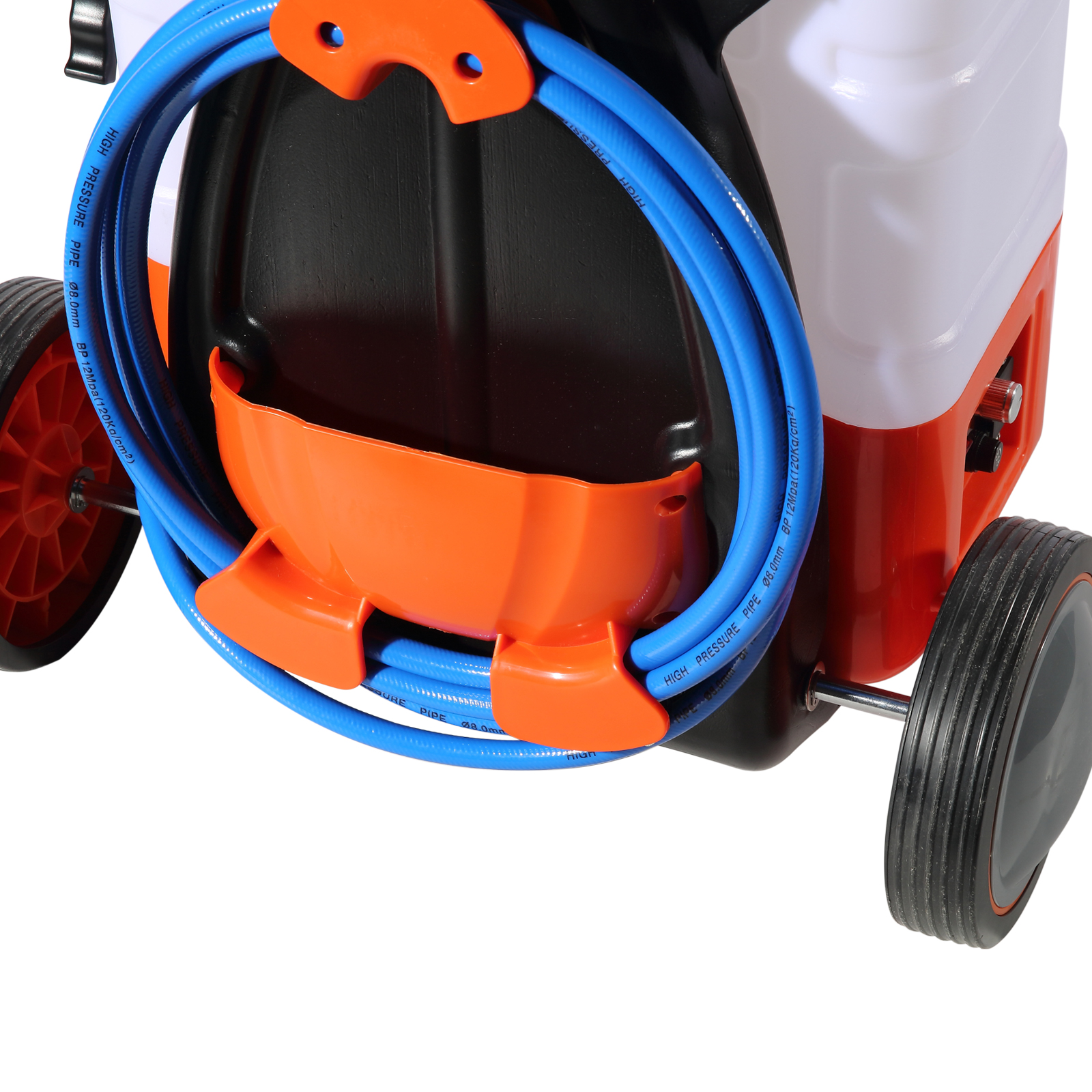 VEVOR backpack sprayer with blue hose, orange and black components, and wheels for easy mobility