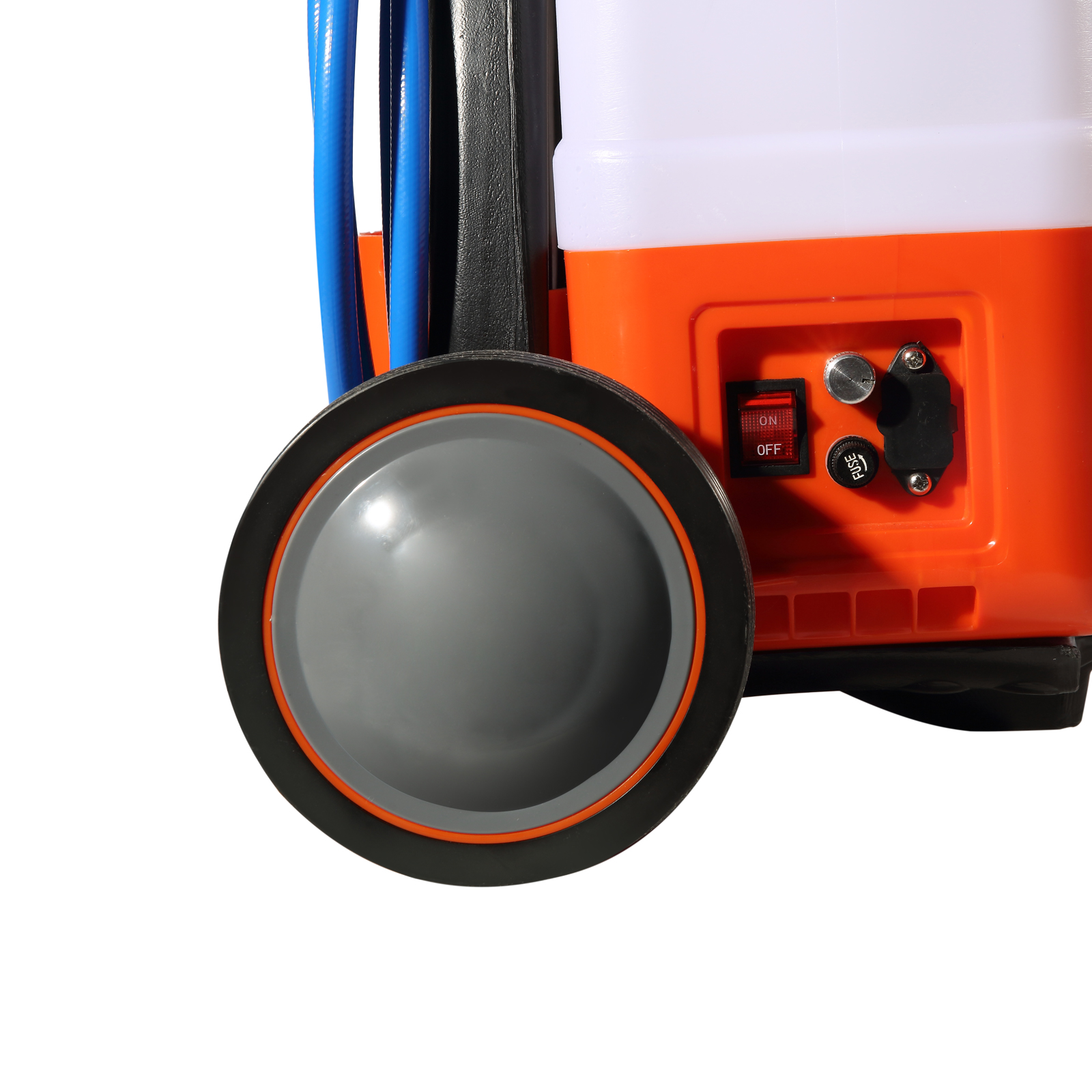 close-up of the VEVOR backpack sprayer wheel, control switches, and attached blue hose.