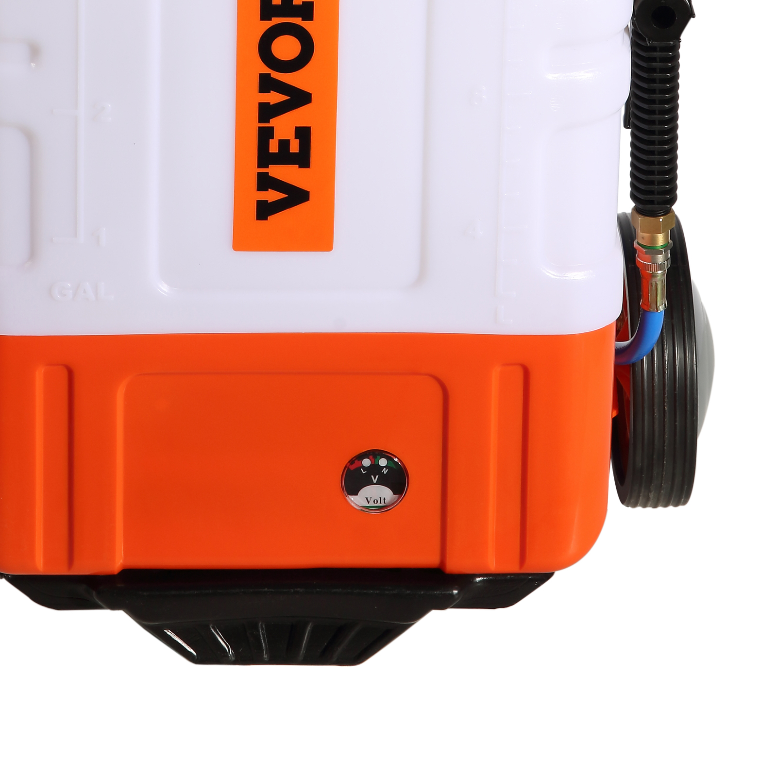 VEVOR backpack sprayer with orange base, white tank and voltmeter gauge.