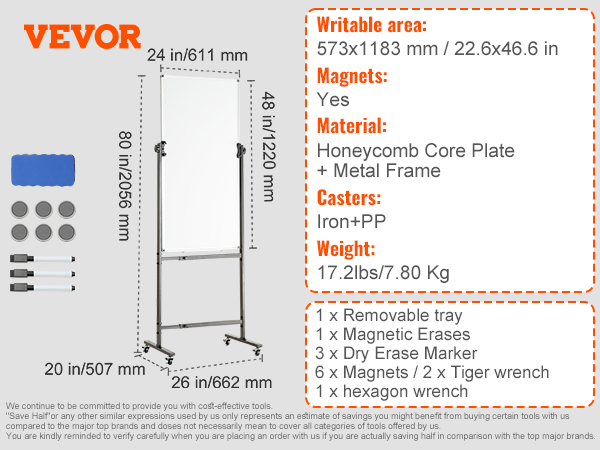 VEVOR rolling magnetic whiteboard, 24x48in, with casters, markers, eraser, and magnets included.