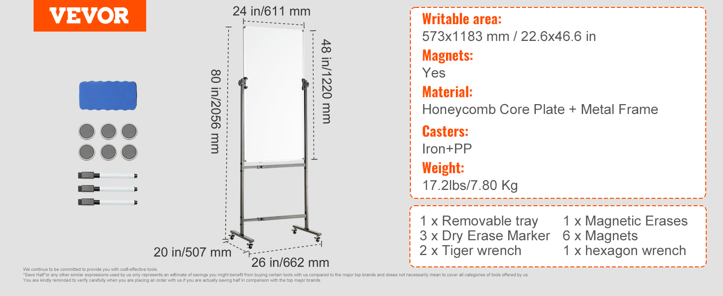 VEVOR rolling magnetic whiteboard, 24x48in, with casters, markers, eraser, and magnets included.
