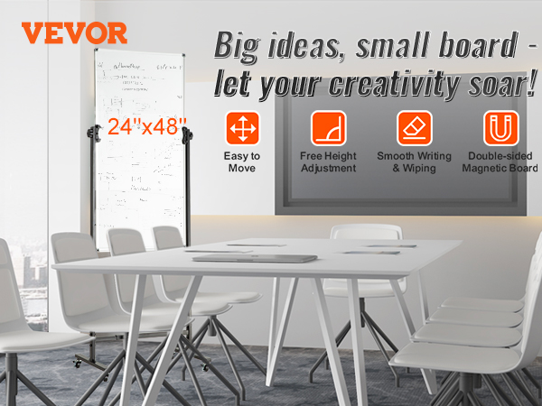 VEVOR rolling magnetic whiteboard in an office with chairs and a table, highlighting its features.