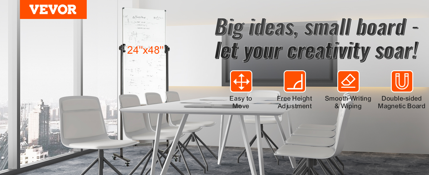VEVOR rolling magnetic whiteboard in an office with chairs and a table, highlighting its features.