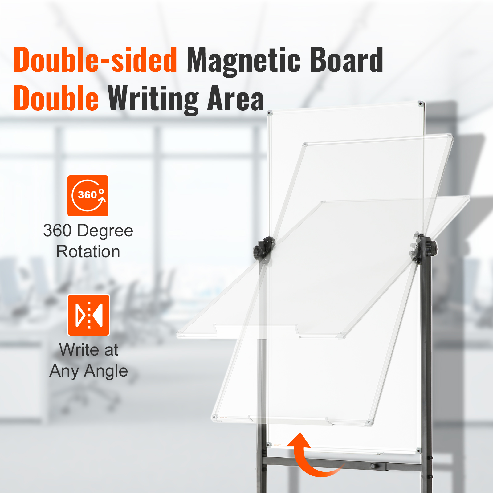double-sided VEVOR rolling magnetic whiteboard with 360-degree rotation and adjustable writing angle.