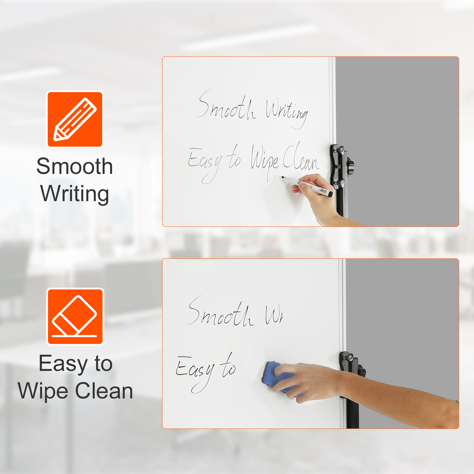 smooth writing and easy to wipe clean features of VEVOR rolling magnetic whiteboard.
