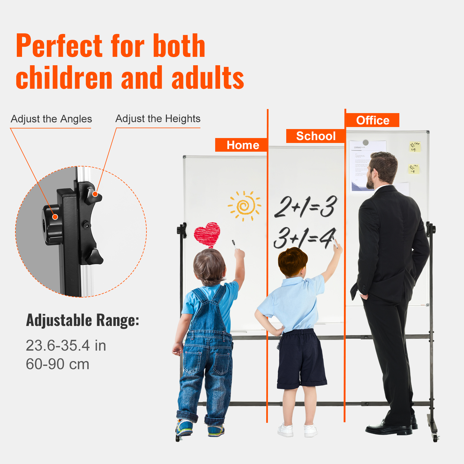 VEVOR rolling magnetic whiteboard, adjustable for heights and angles, ideal for home, school, and office use.