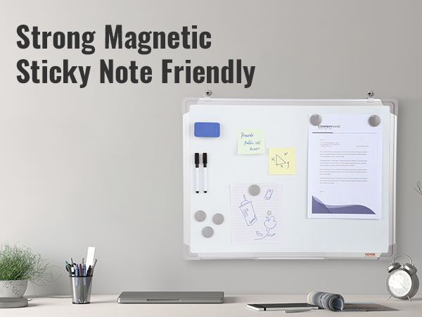 VEVOR magnetic whiteboard with markers, sticky notes, magnets, eraser, plant, and clock on desk.