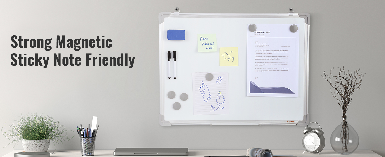 VEVOR magnetic whiteboard with markers, sticky notes, magnets, eraser, plant, and clock on desk.