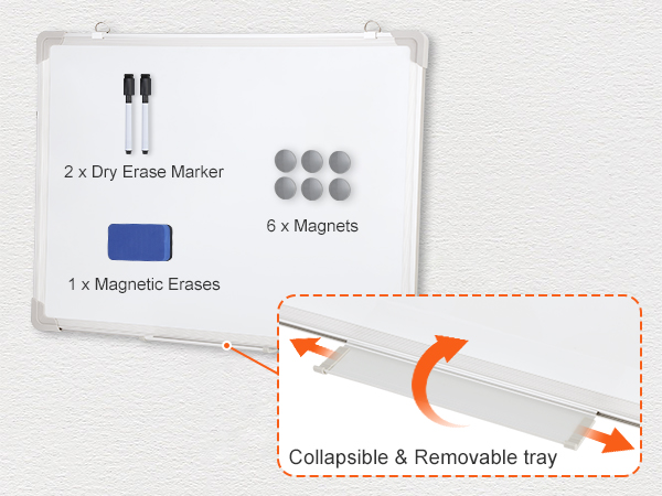 VEVOR magnetic whiteboard with 2 dry erase markers, 6 magnets, eraser, and a collapsible tray.