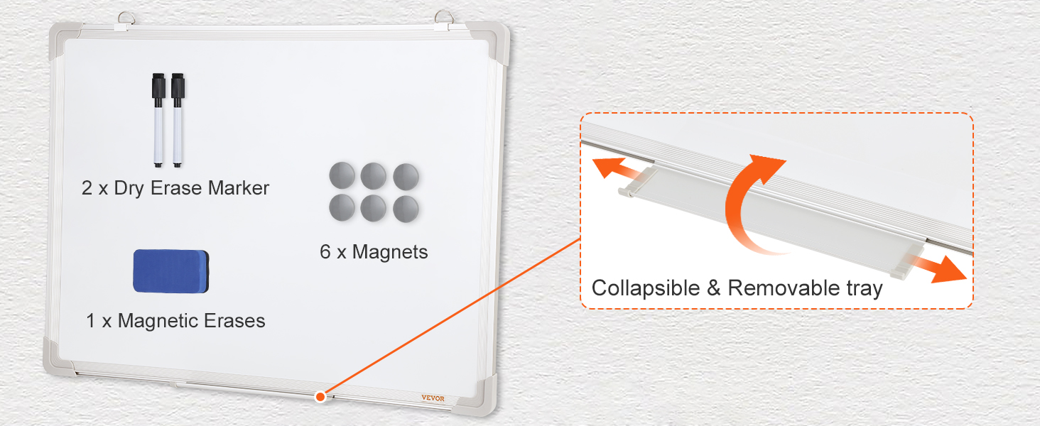 VEVOR magnetic whiteboard with 2 dry erase markers, 6 magnets, eraser, and a collapsible tray.