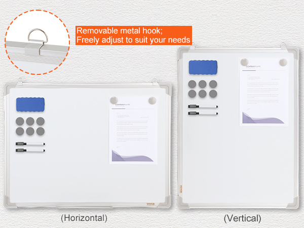 VEVOR magnetic whiteboard with accessories displayed horizontally and vertically, featuring a removable metal hook.