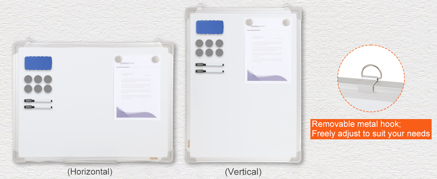 VEVOR magnetic whiteboard with accessories displayed horizontally and vertically, featuring a removable metal hook.