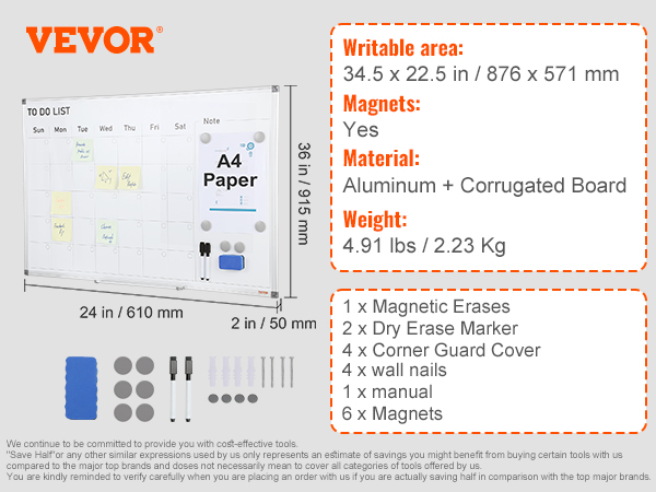 VEVOR calendar whiteboard set with accessories; 34.5 x 22.5 in writable area; aluminum and corrugated board.