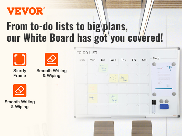 VEVOR calendar whiteboard in office, seating area, showcasing to-do list, notepads, and magnetic board.