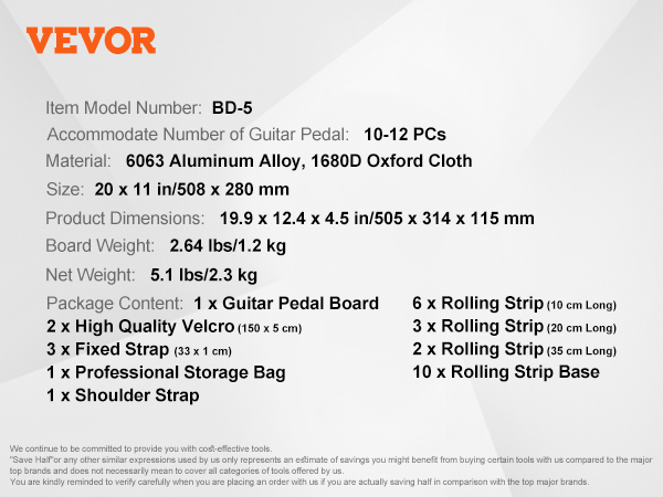 VEVOR guitar pedal board bd-5, aluminum, 19.9"x12.4"x4.5", includes accessories and storage bag.