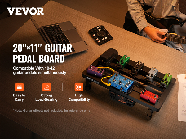VEVOR guitar pedal board, 20"x11", compatible with 10-12 guitar pedals, shown with musician.