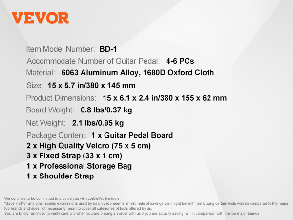 VEVOR guitar pedal board with dimensions, weight, package contents, and included accessories.