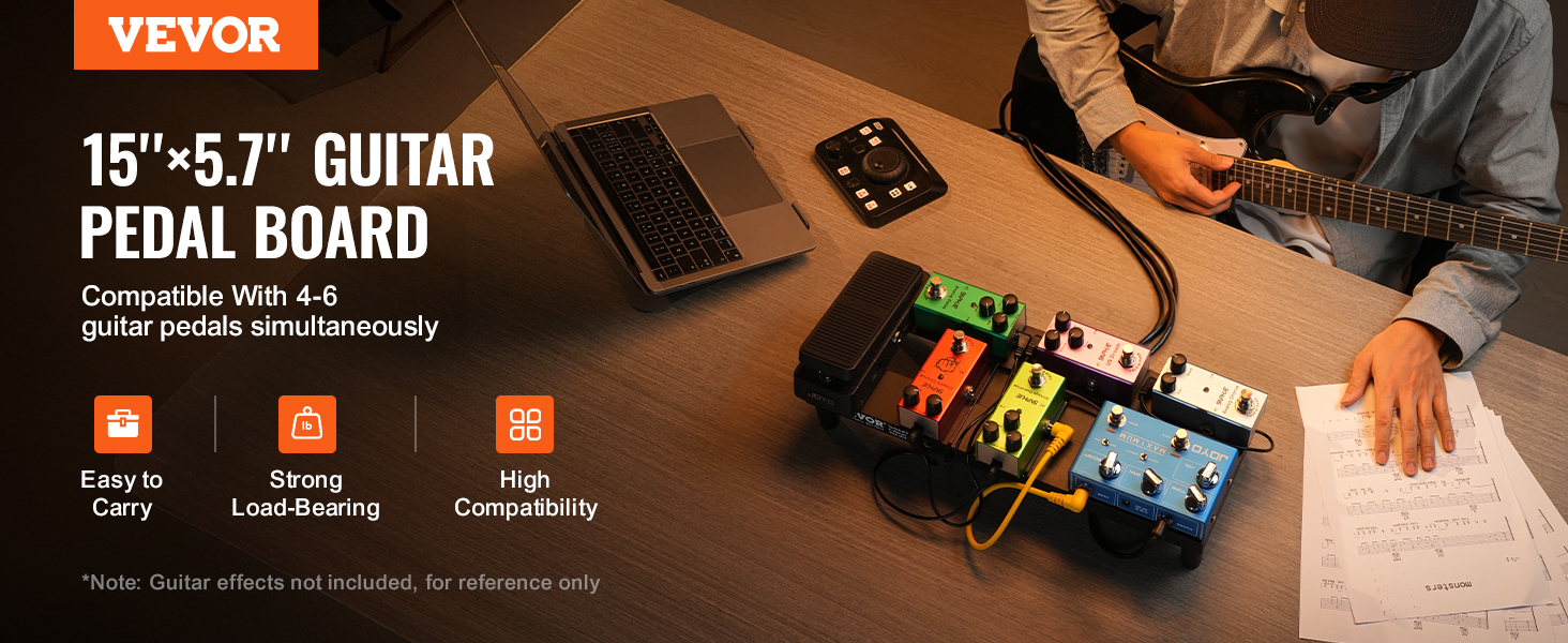 VEVOR guitar pedal board compatible with 4-6 pedals, shown with laptop and guitar. easy to carry.