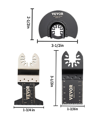 three VEVOR oscillating saw blades with measurement labels: 2-1/2in, 3-1/2in, 1-3/4in, and 1-3/8in.