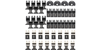 assorted VEVOR oscillating saw blades neatly arranged in rows, showcasing various types and sizes.