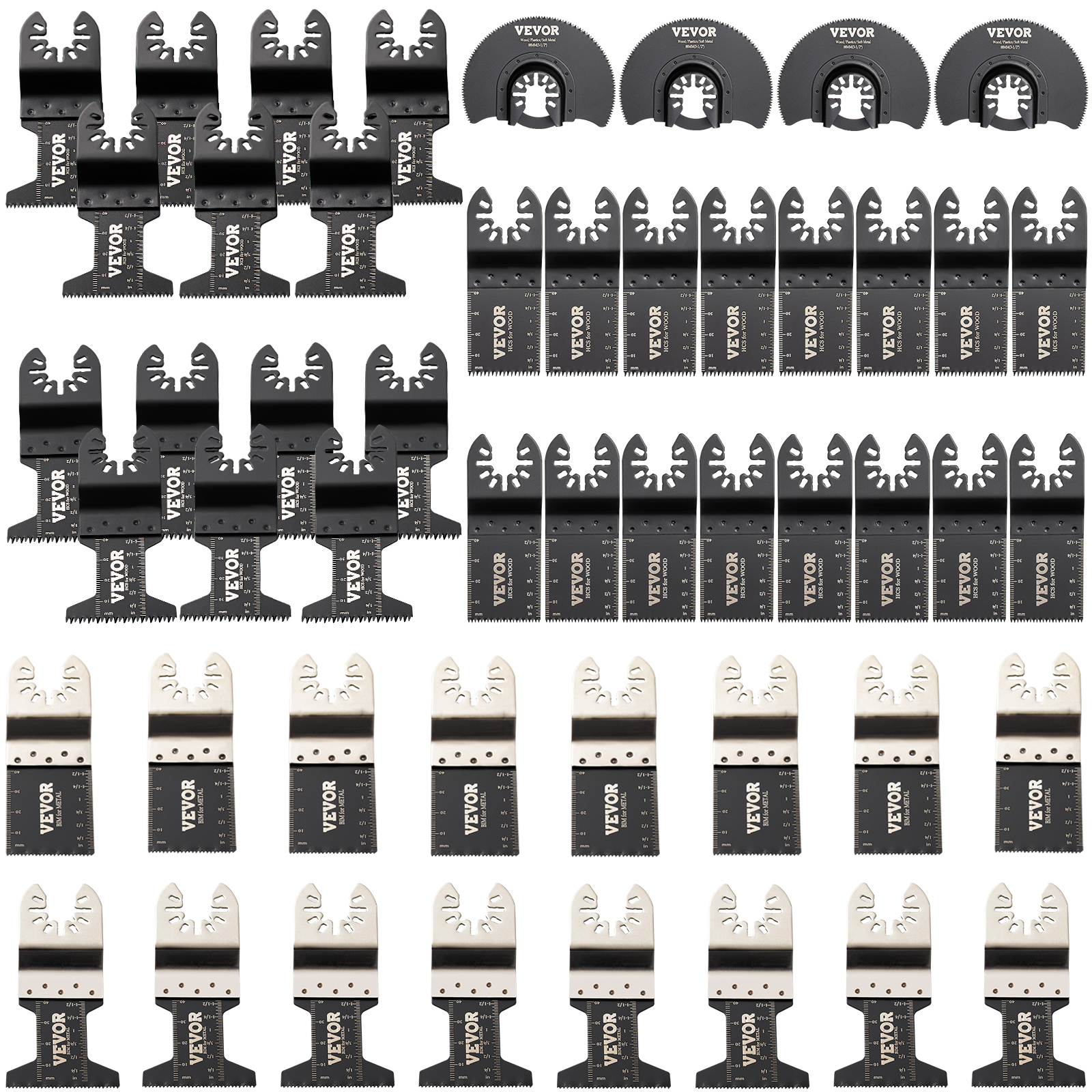 assorted VEVOR oscillating saw blades set with different blade types arranged in rows.
