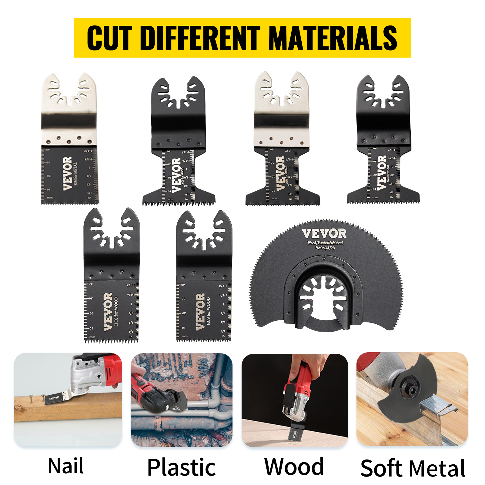 VEVOR oscillating saw blades cutting wood, plastic, nail, and soft metal materials.