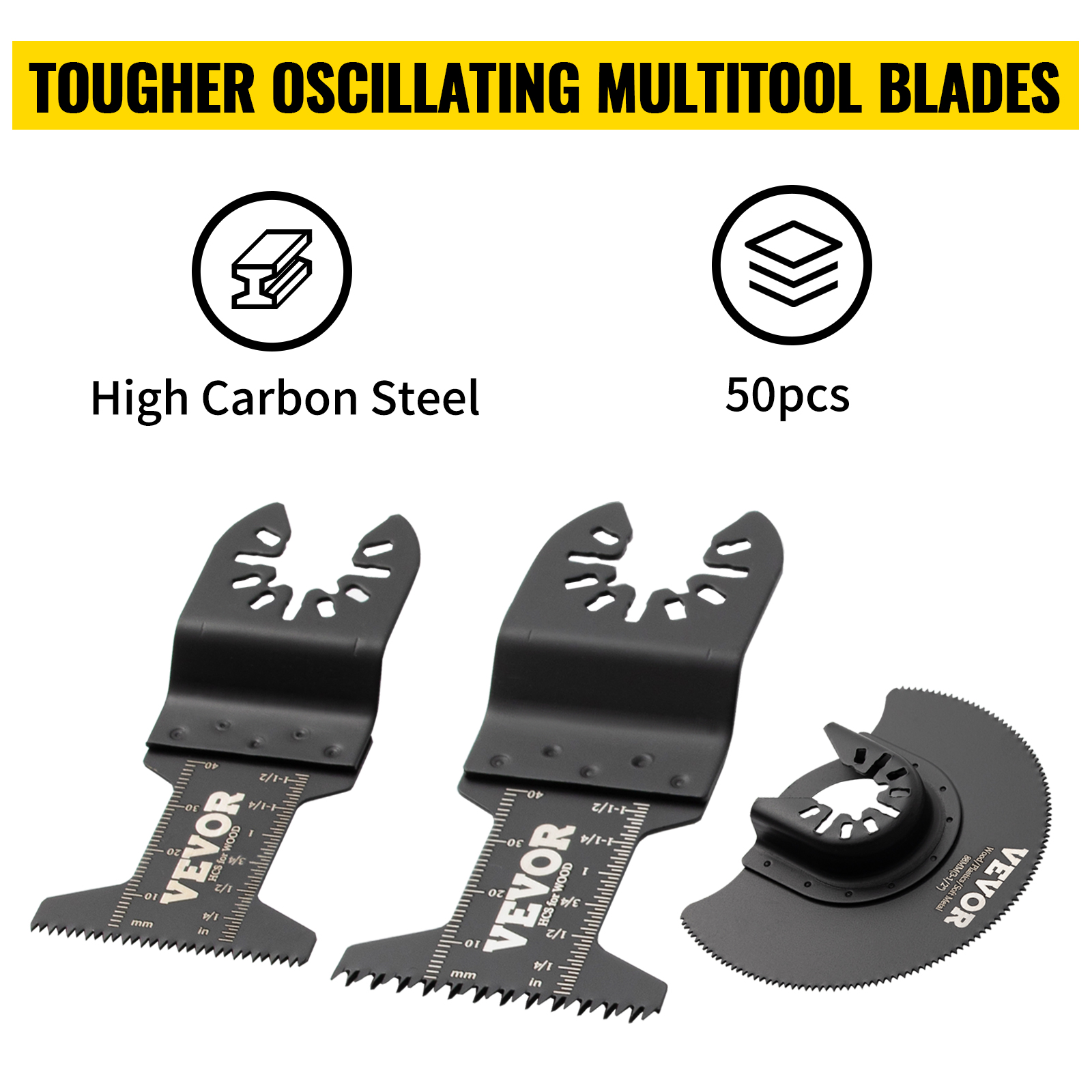 VEVOR oscillating saw blades, high carbon steel, set of 50, includes straight and circular blades.