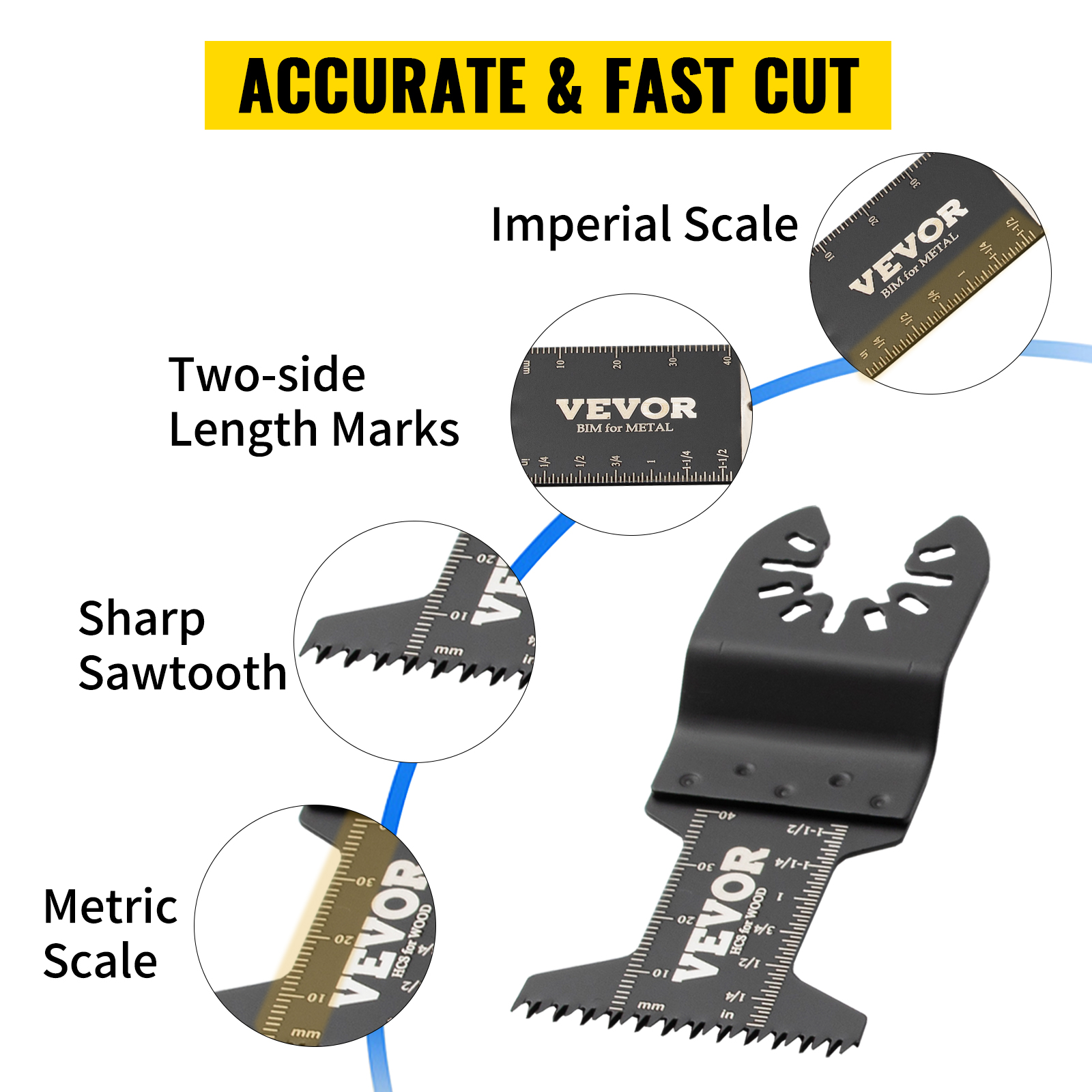 accurate VEVOR oscillating saw blades with two-side length marks, imperial and metric scales, sharp sawtooth.