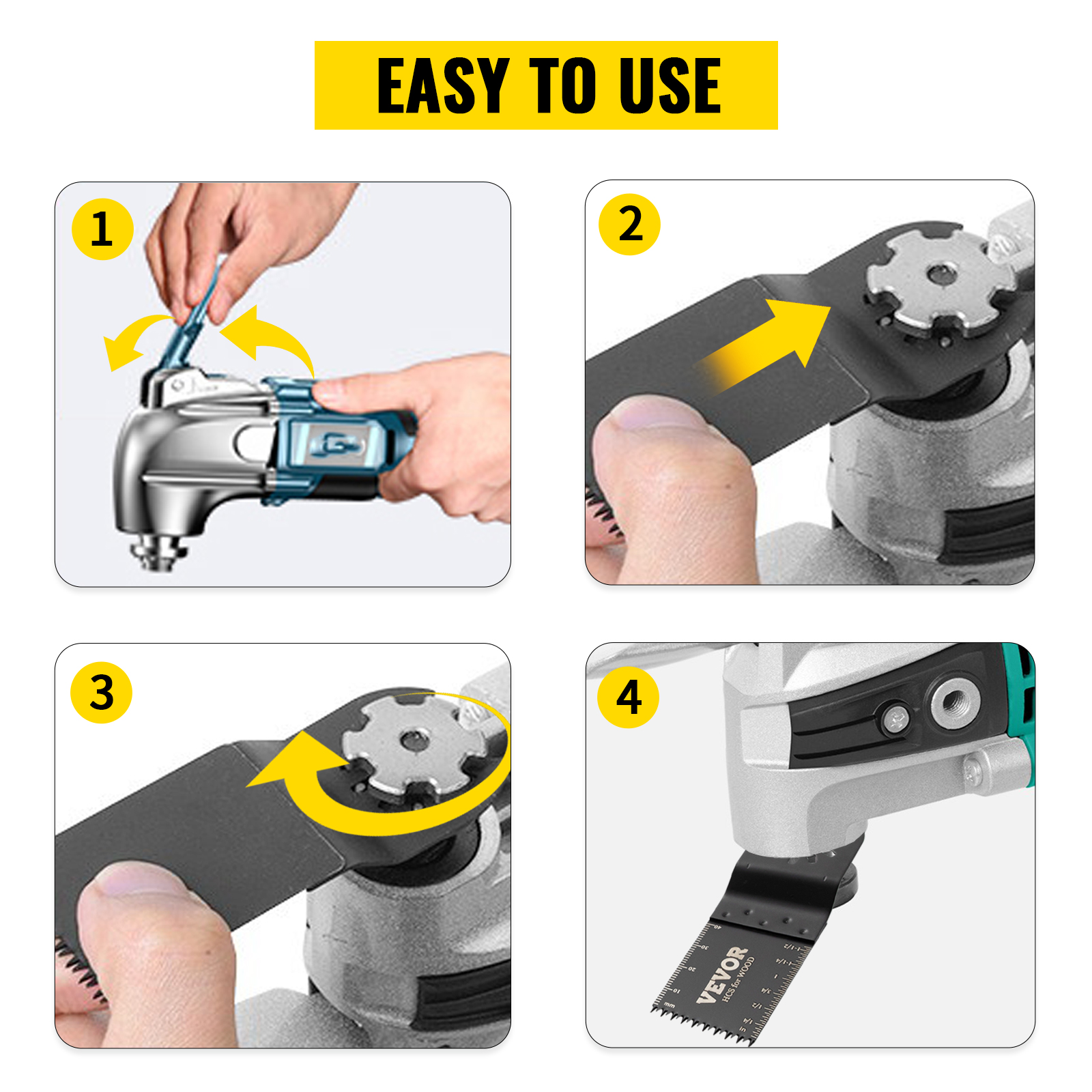 easy steps to attach VEVOR oscillating saw blades showing hands installing and securing blades.