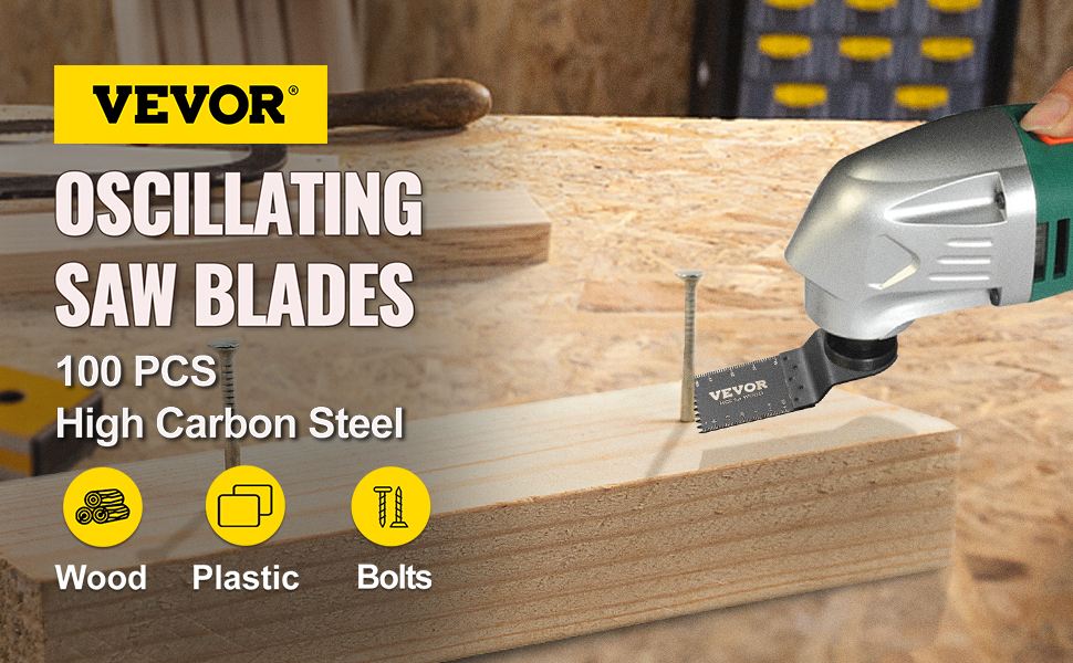 VEVOR oscillating saw blades, 100 pcs, high carbon steel for wood, plastic, and bolts cutting.