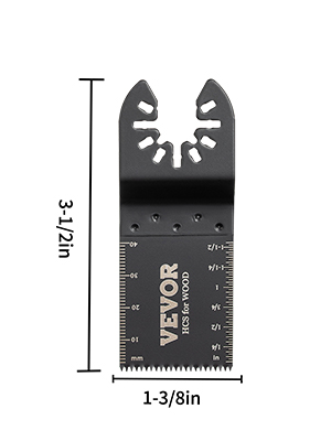 VEVOR oscillating saw blades, 1-3/8in wide, 3-1/2in length, with measurement marks for precise cuts.