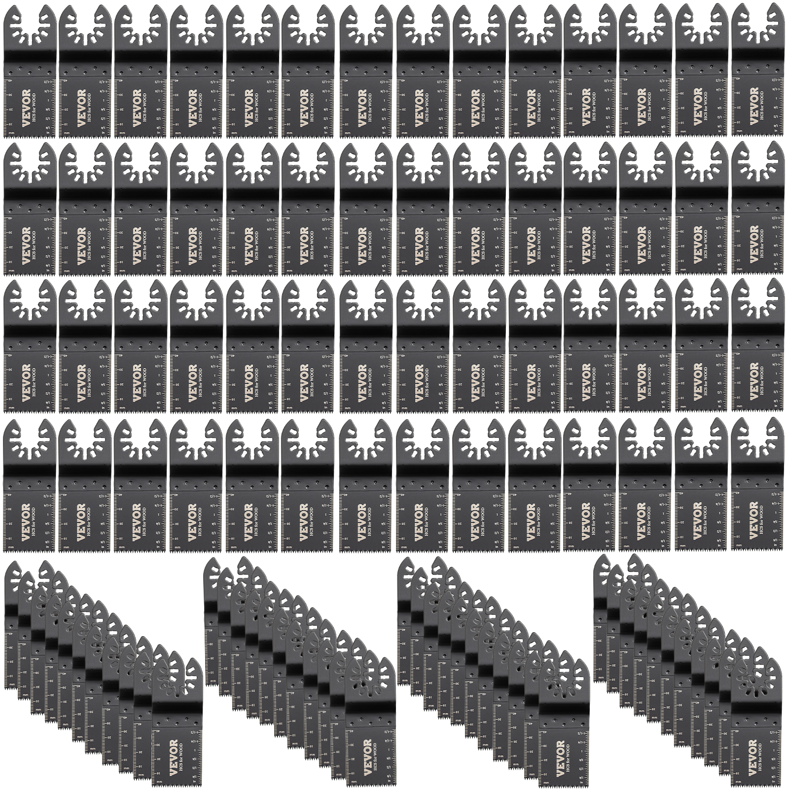 VEVOR oscillating saw blades arranged in a grid pattern for a bulk product display.