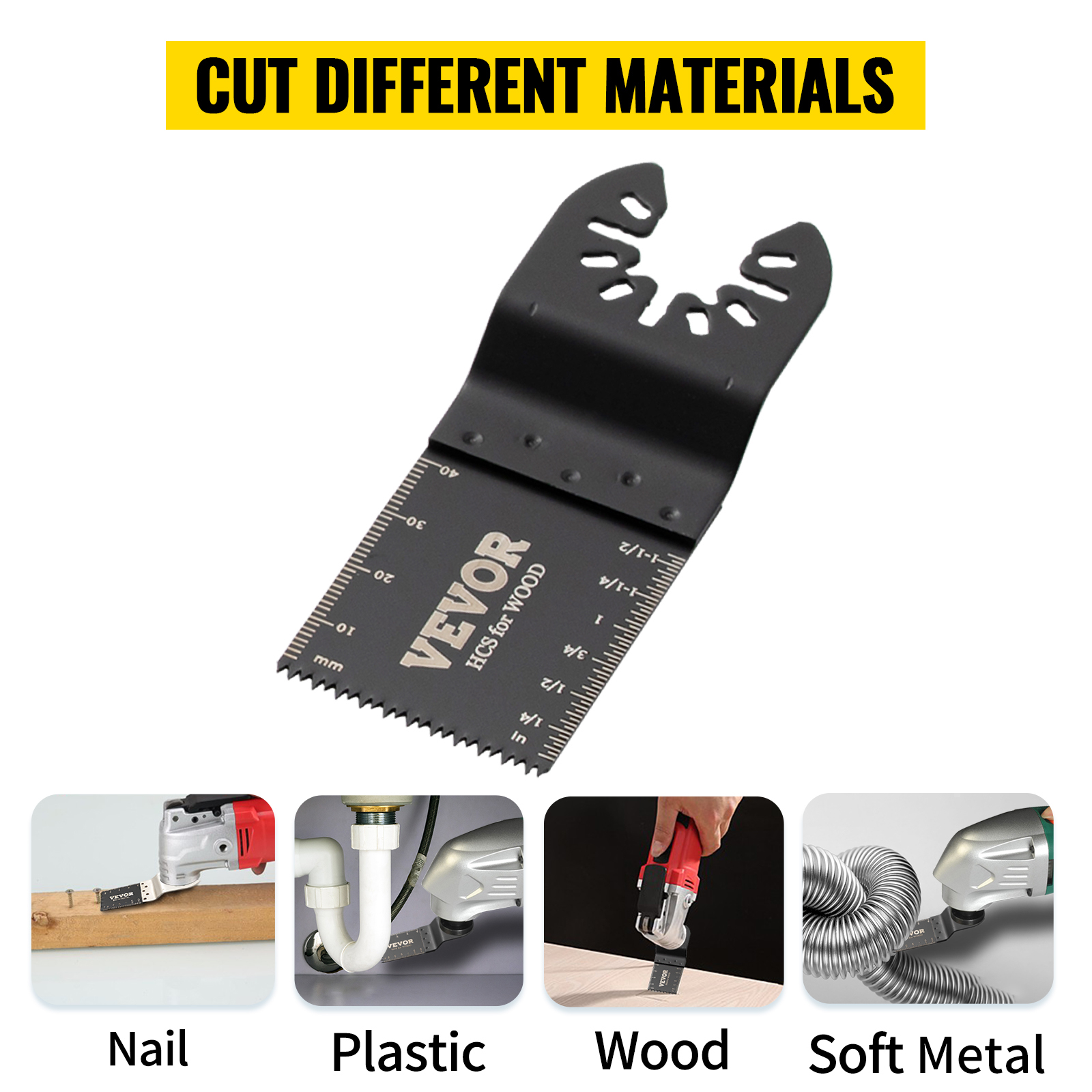 VEVOR oscillating saw blades cutting nail, plastic, wood, and soft metal with precision cutting technology.