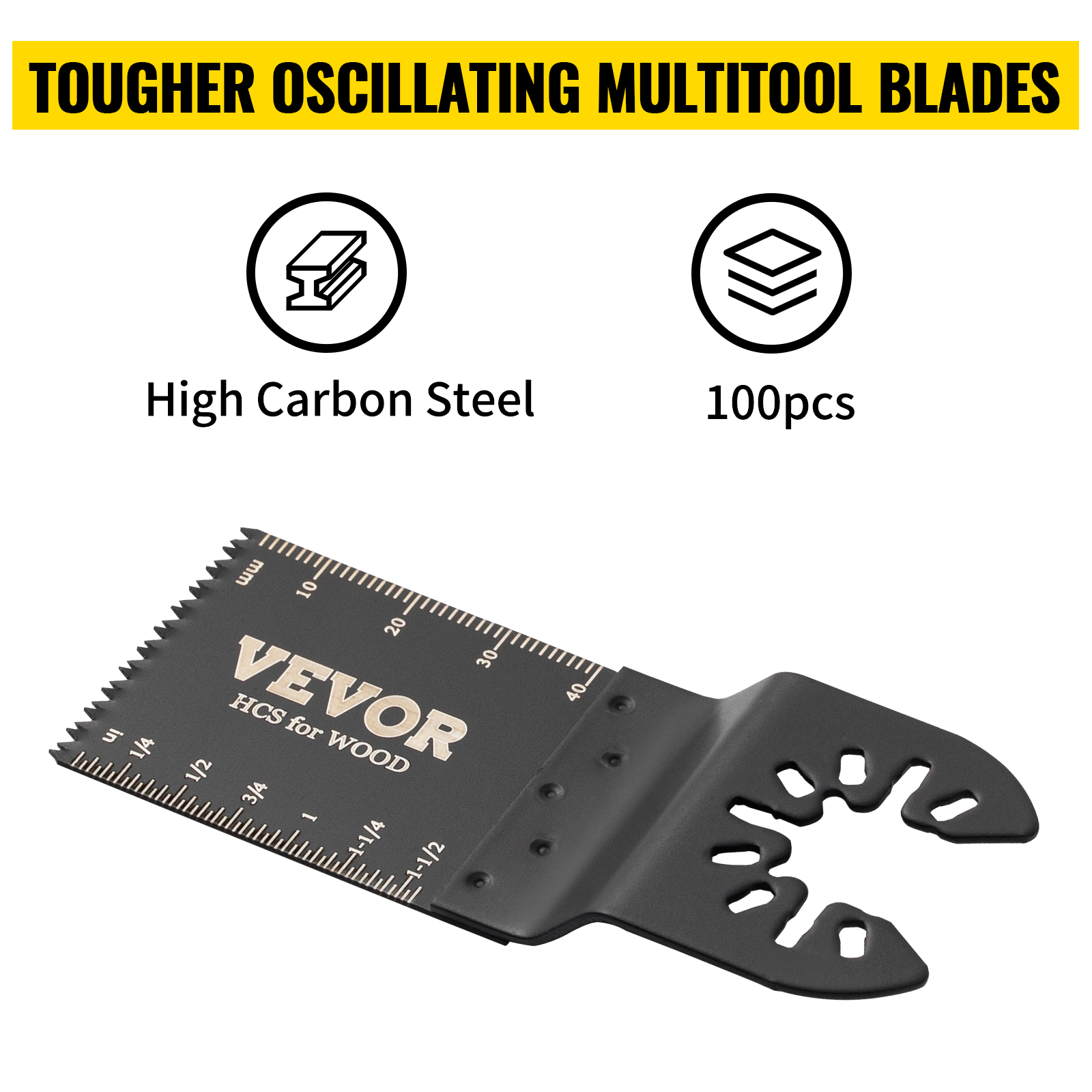 VEVOR oscillating saw blades, high carbon steel, 100pcs, precise measurements, and durable design.
