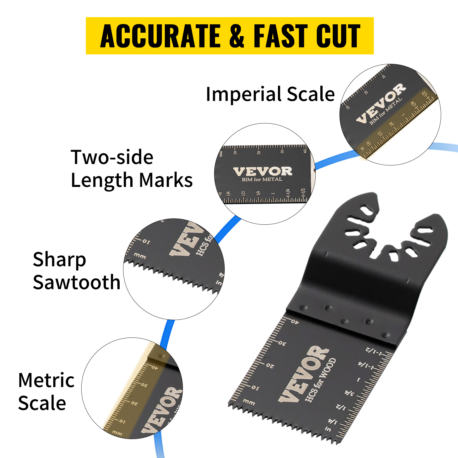 VEVOR oscillating saw blades with metric and imperial scales, sharp sawtooth, two-side length marks.