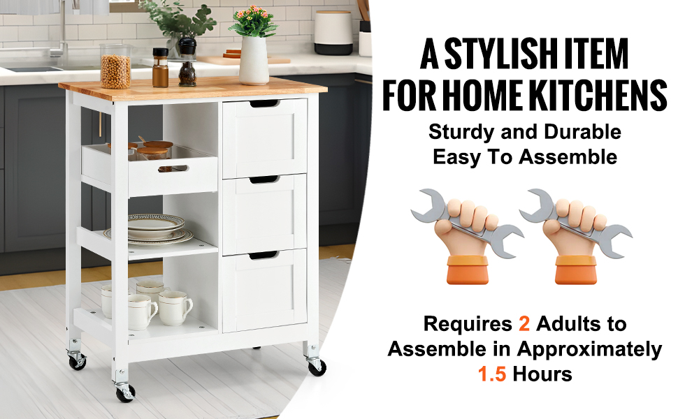 VEVOR kitchen island cart in modern kitchen, white with wooden top, shelving, and drawers, easy to assemble.