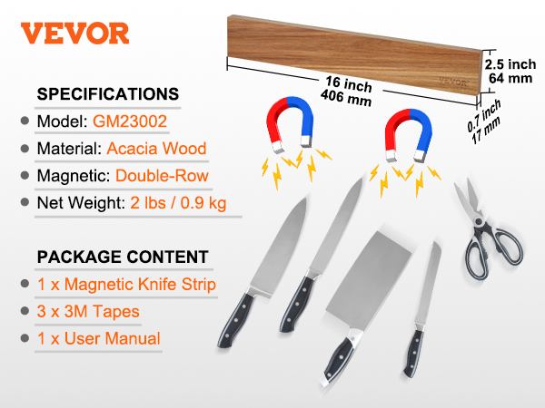 VEVOR magnetic knife holder, 16-inch acacia wood, double-row magnetic strip holding various kitchen knives.