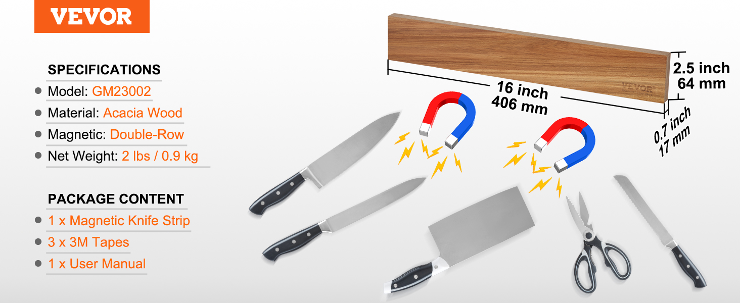 VEVOR magnetic knife holder, 16-inch acacia wood, double-row magnetic strip holding various kitchen knives.