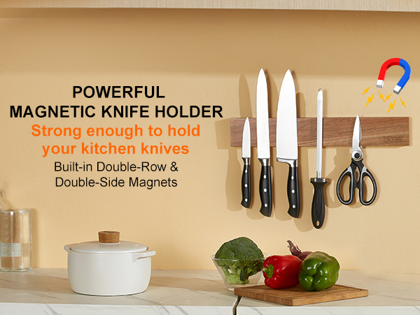 VEVOR magnetic knife holder securing various kitchen tools on a wooden strip with built-in magnets.