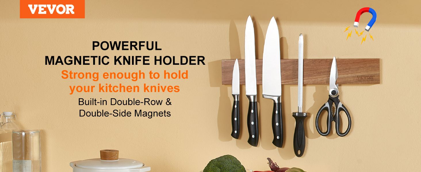 VEVOR magnetic knife holder securing various kitchen tools on a wooden strip with built-in magnets.